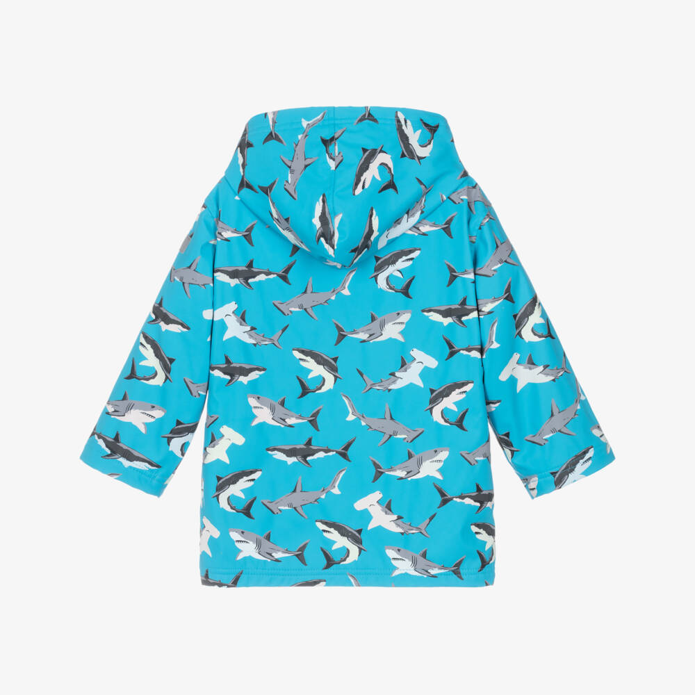 Hatley-Boys Aqua Blue Raincoat with Grey Shark Print | Childrensalon