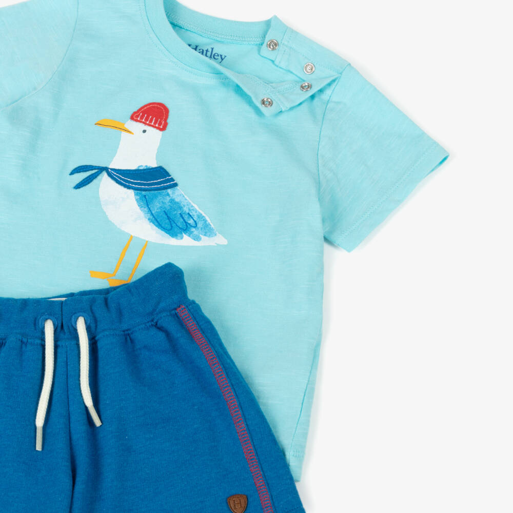 Hatley-Boys Blue Cotton Shorts Set with Appliqué Seagull  | Childrensalon