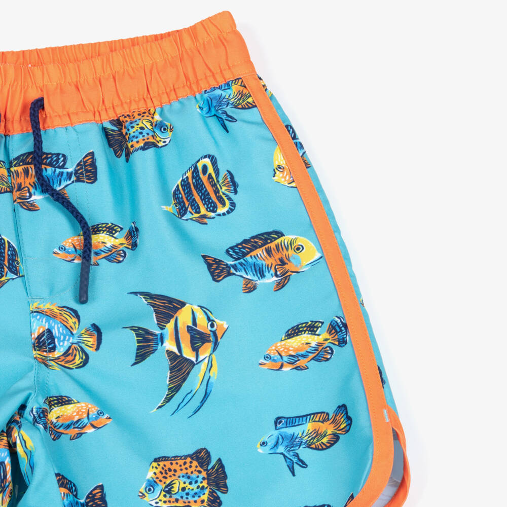 Hatley-Boys Blue Fish Swim Shorts with Orange Trim | Childrensalon