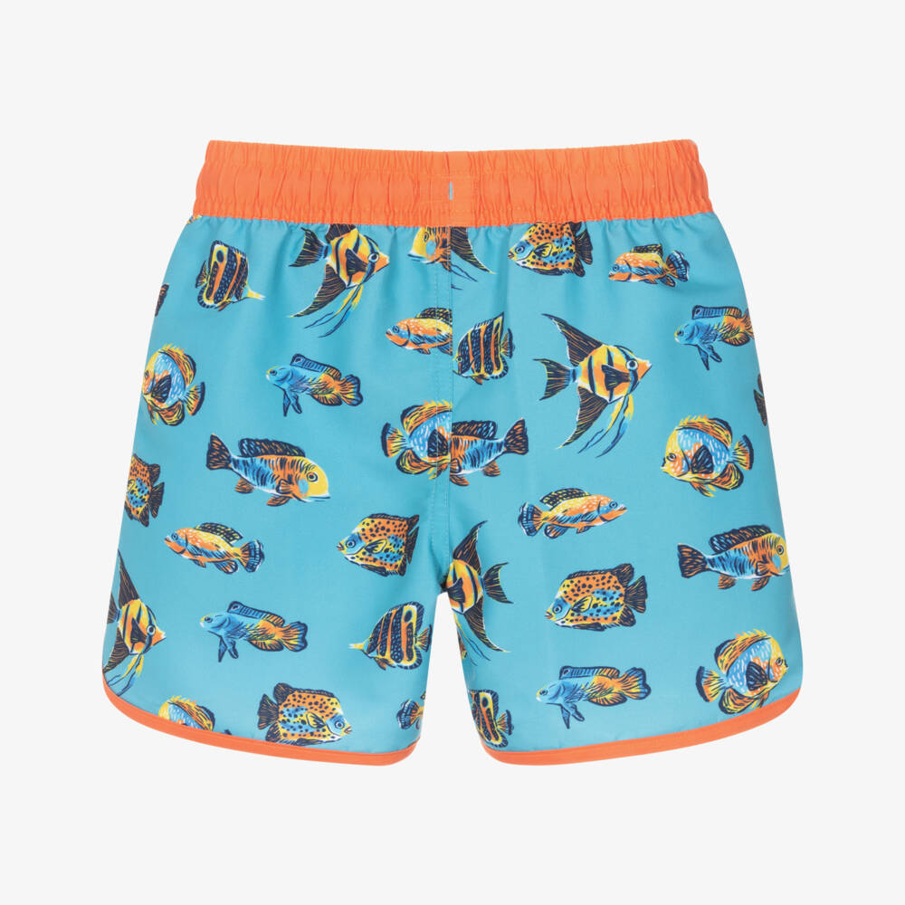 Hatley-Boys Blue Fish Swim Shorts with Orange Trim | Childrensalon