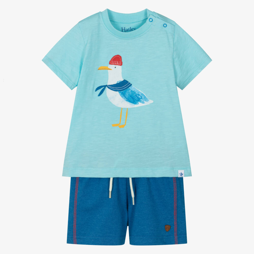 Hatley-Boys Blue Jersey Shorts Set with Appliqué Seagull  | Childrensalon