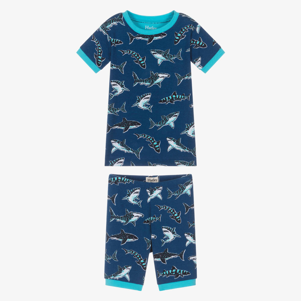 Hatley-Boys Blue Organic Cotton Shark Print Short Pyjamas | Childrensalon
