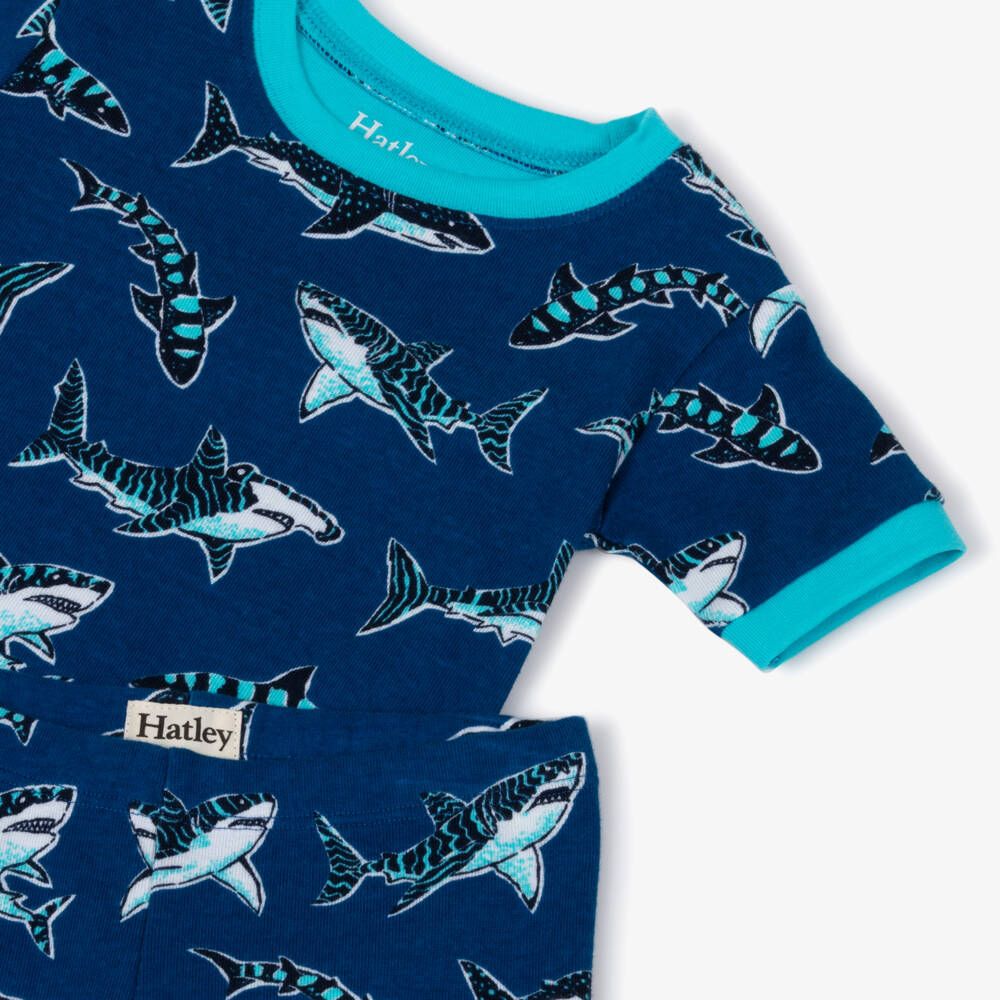 Hatley-Boys Blue Organic Cotton Shark Print Short Pyjamas | Childrensalon