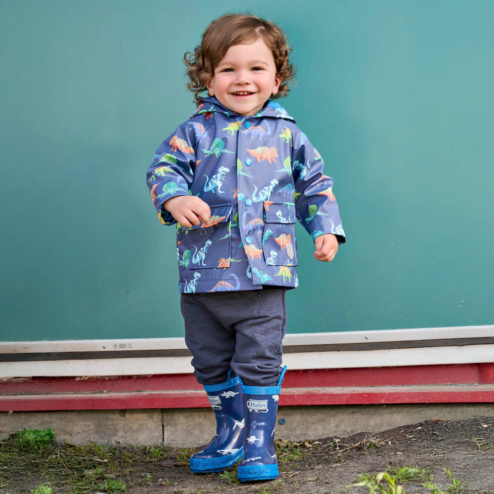 Hatley-Boys Blue Raincoat with Colourful Dinosaur Print | Childrensalon