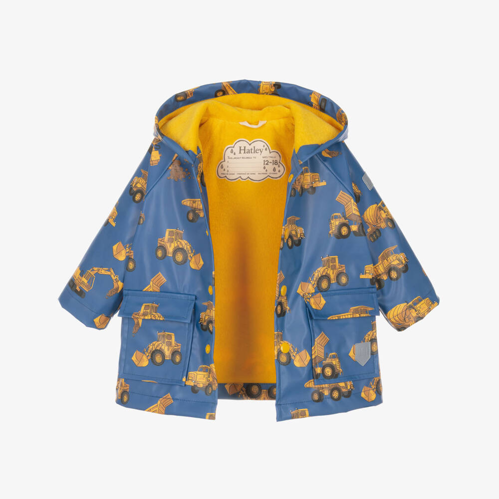 Hatley-Boys Blue Raincoat with Yellow Construction Trucks | Childrensalon