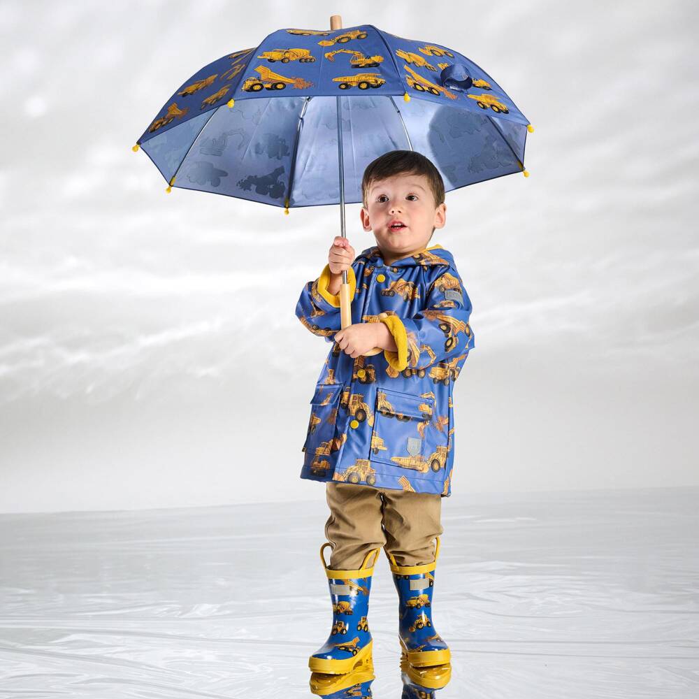 Hatley-Boys Blue Raincoat with Yellow Construction Trucks | Childrensalon