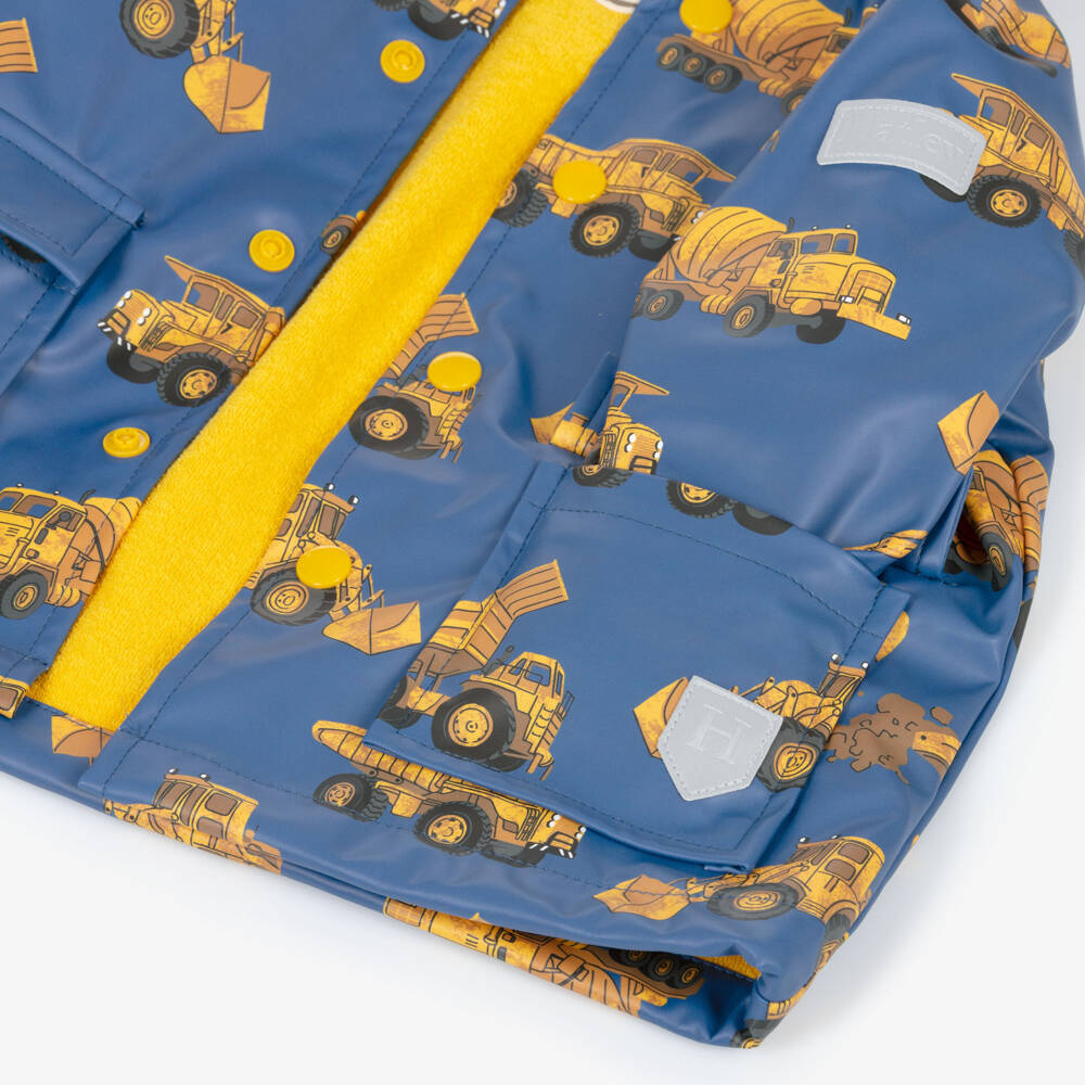 Hatley-Boys Blue Raincoat with Yellow Construction Trucks | Childrensalon