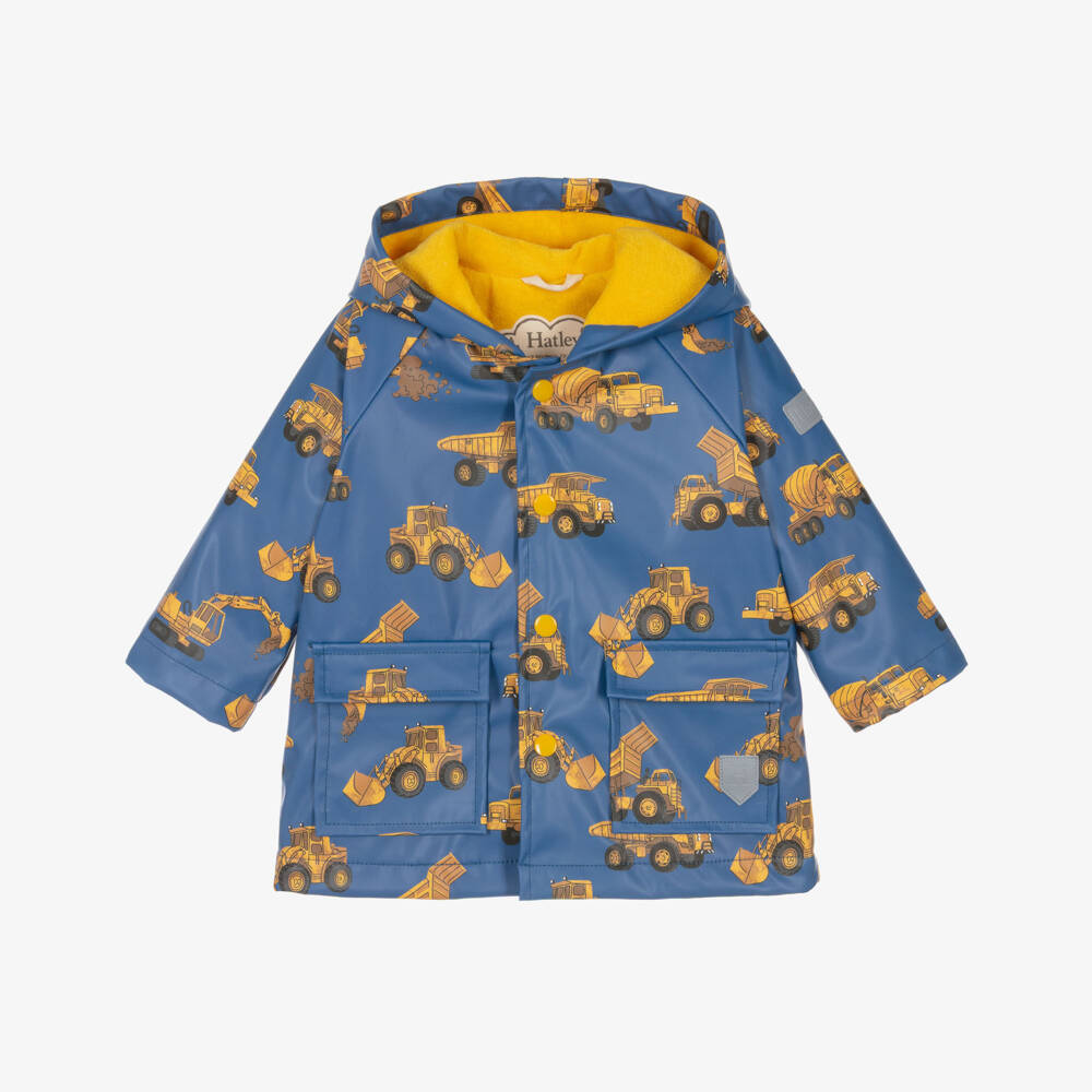 Hatley-Boys Blue Raincoat with Yellow Construction Trucks | Childrensalon