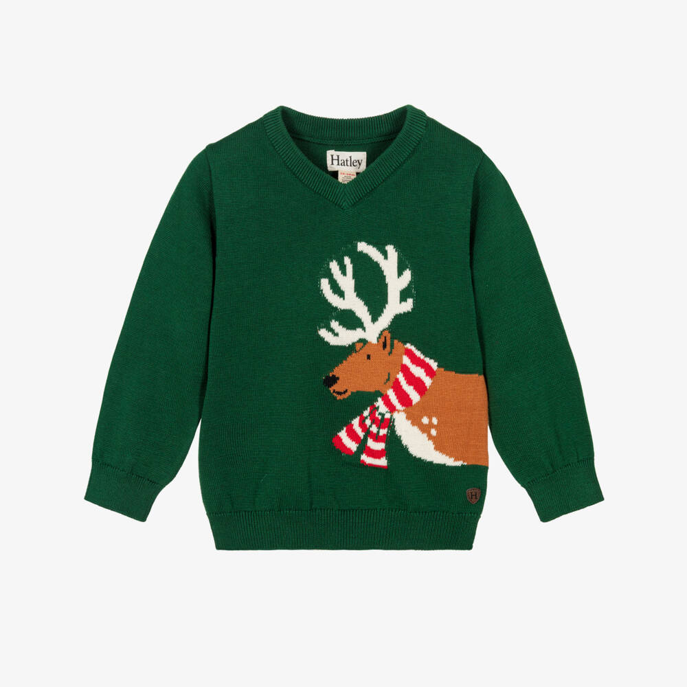 Hatley-Boys Forest Green Cotton Knit Reindeer Sweater | Childrensalon
