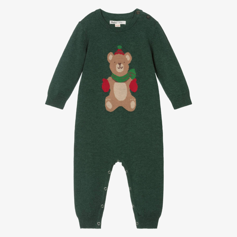 Hatley-Boys Green Cotton Knit Teddy Bear Romper | Childrensalon