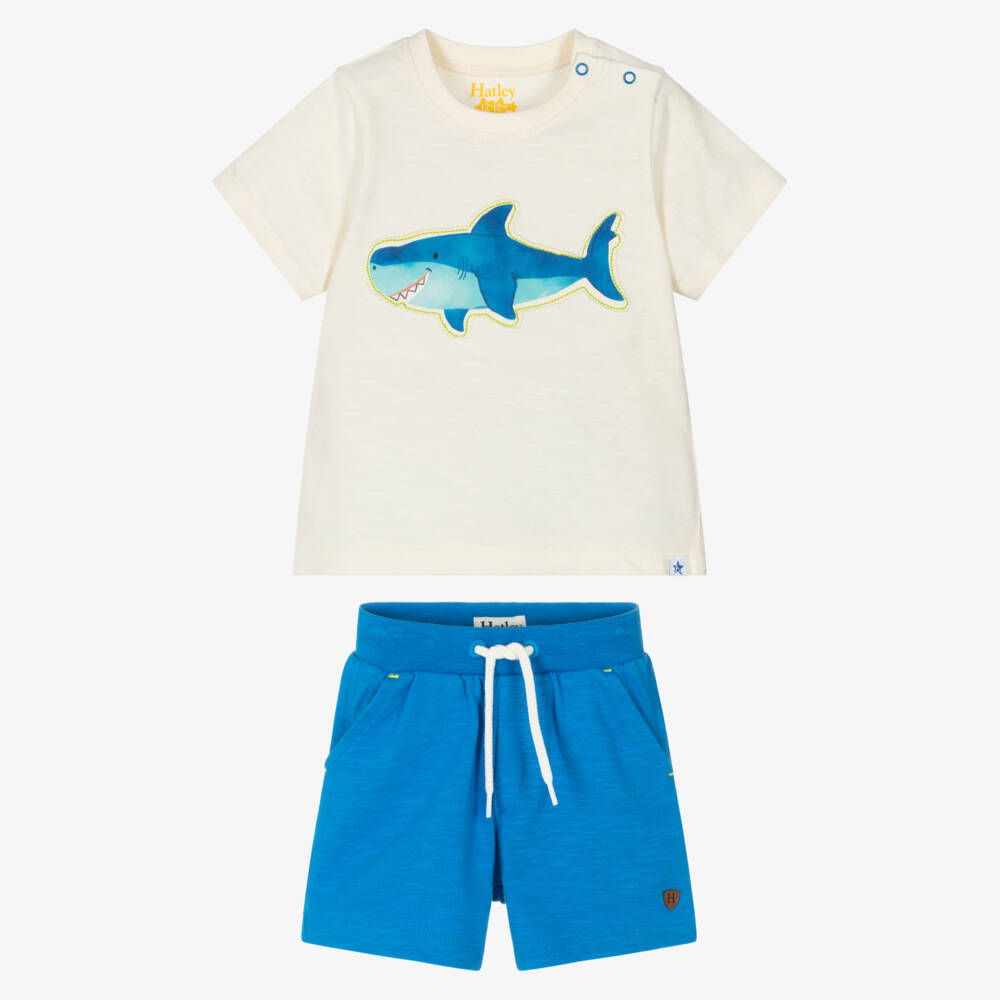 Hatley-Boys Ivory & Blue Cotton Shorts Set with Shark Appliqué | Childrensalon