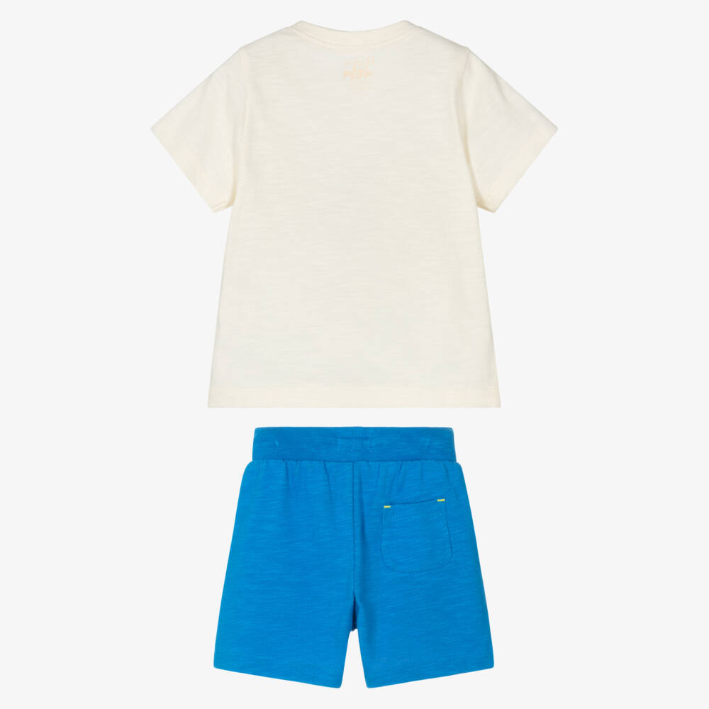 Hatley-Boys Ivory & Blue Cotton Shorts Set with Shark Appliqué | Childrensalon