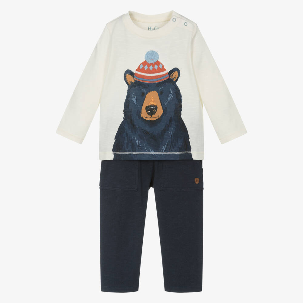Hatley-Boys Ivory & Navy Blue Bear Trousers Set | Childrensalon