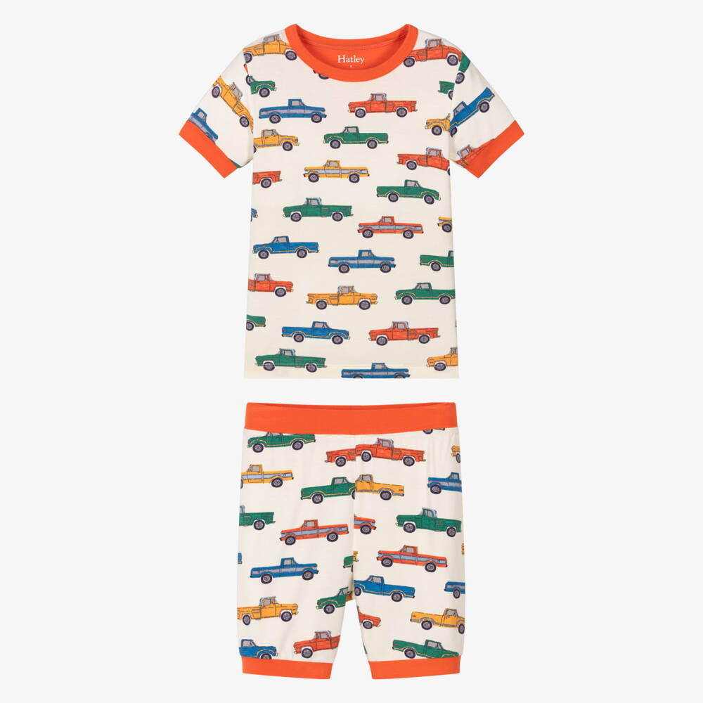 Hatley-Boys Ivory & Orange Bamboo Jersey Trucks Short Pyjamas | Childrensalon