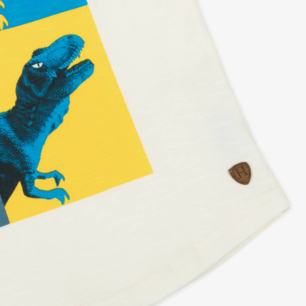 Hatley-Boys Ivory & Red Raglan Sleeve Cotton Dinosaur Top | Childrensalon