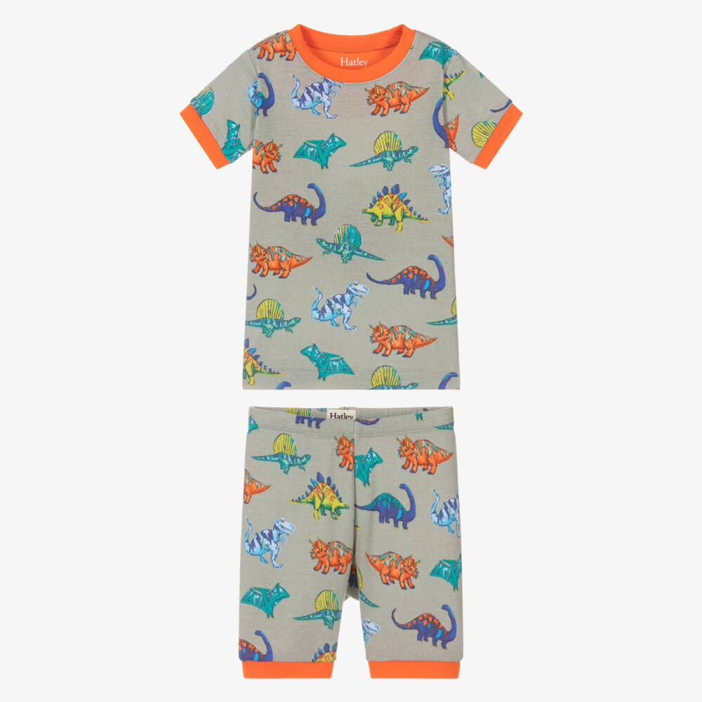 Hatley-Boys Khaki Green Organic Cotton Dinosaur Print Short Pyjamas | Childrensalon
