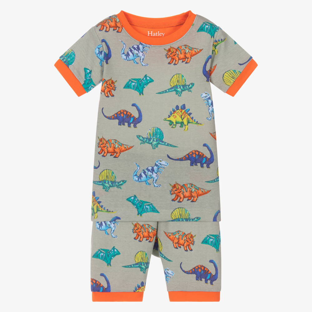 Hatley-Boys Khaki Green Organic Cotton Dinosaur Print Short Pyjamas | Childrensalon