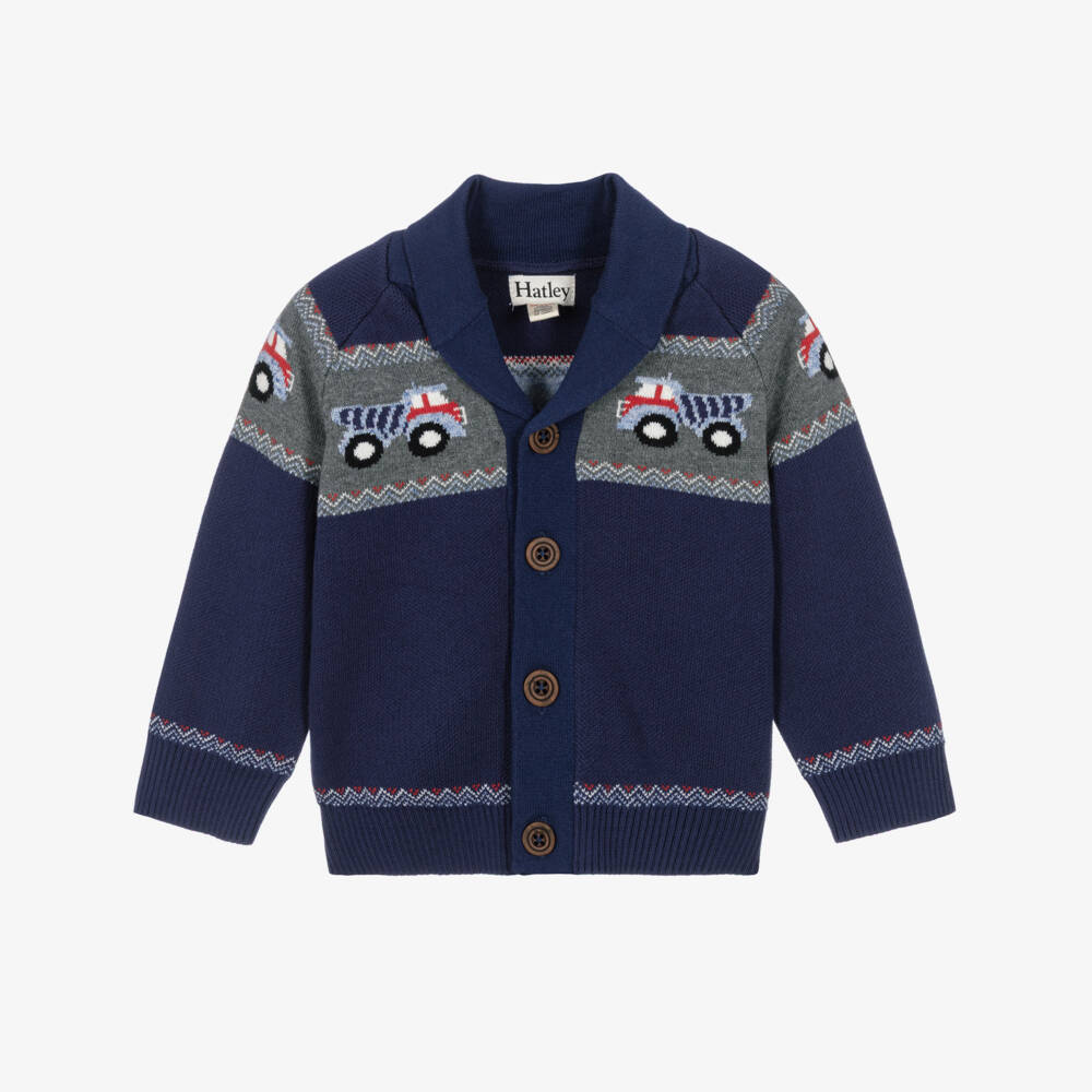 Hatley-Boys Navy Blue Cotton Knit Truck Cardigan  | Childrensalon