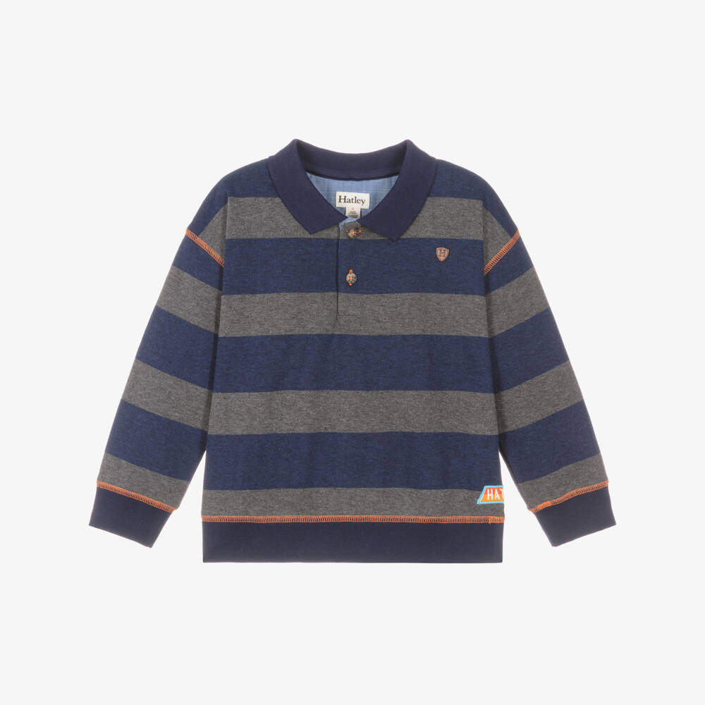 Hatley-Boys Navy Blue & Grey Striped Polo Top | Childrensalon