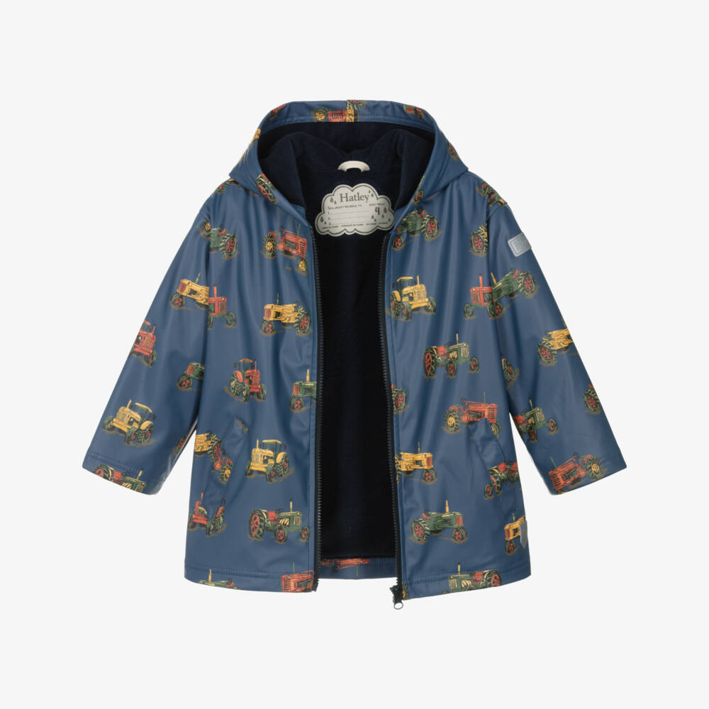 Hatley-Boys Navy Blue Tractor Print Hooded Raincoat | Childrensalon