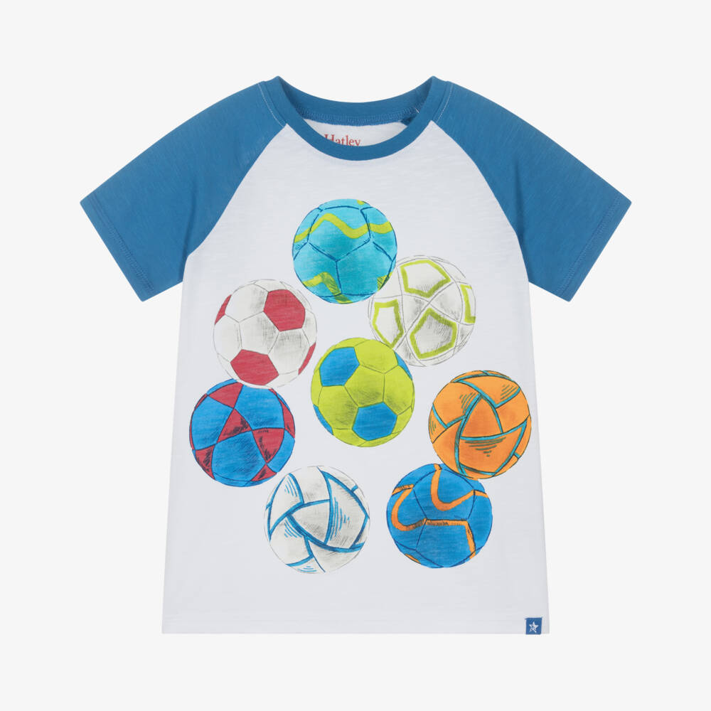 Hatley-Boys White & Blue Cotton Football T-Shirt | Childrensalon