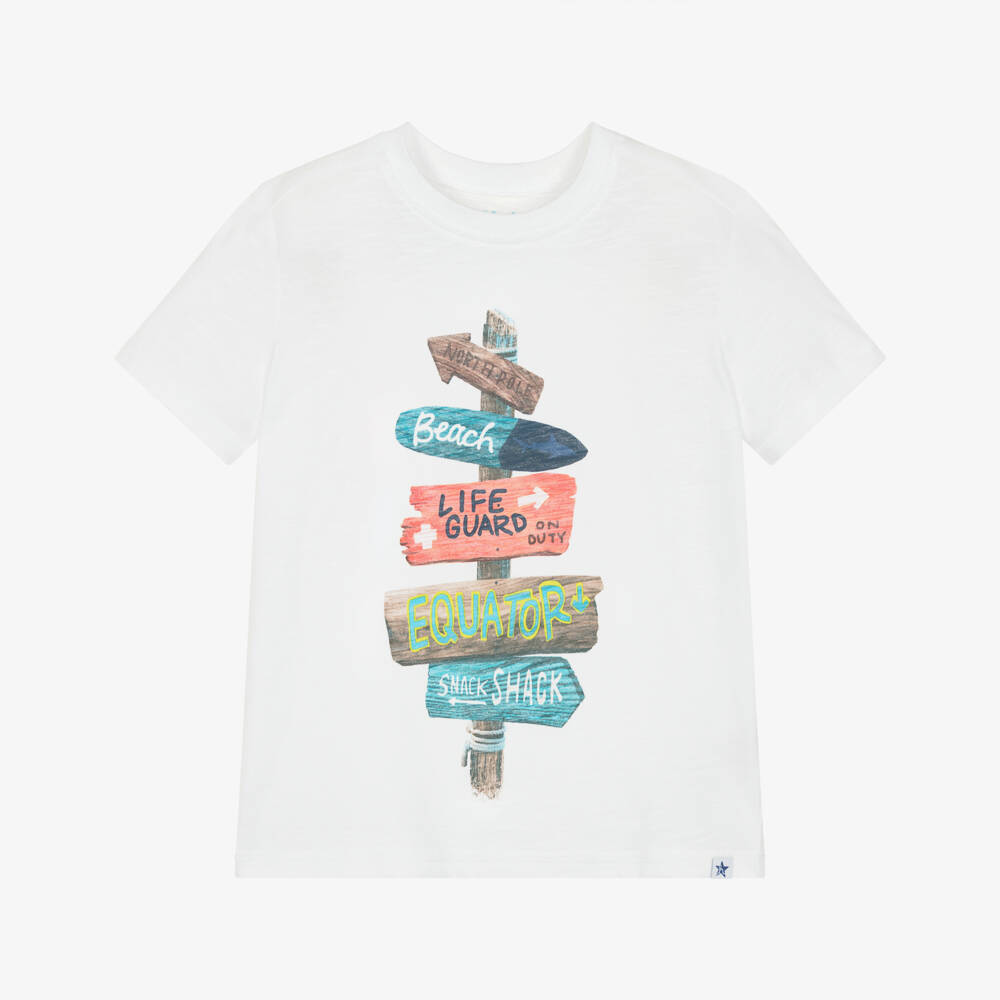 Hatley-Boys White Cotton Beach Signpost T-Shirt | Childrensalon