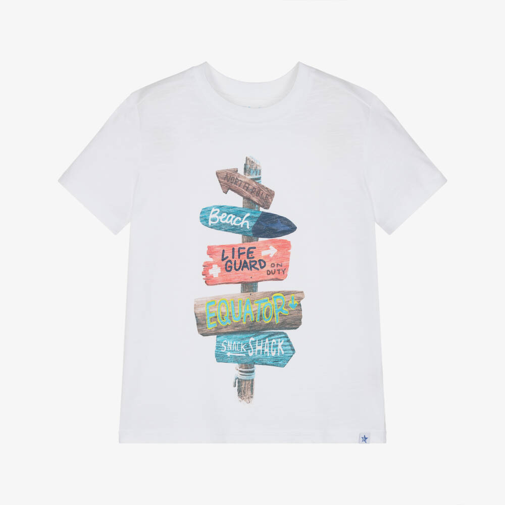 Hatley-Boys White Cotton Beach Signpost T-Shirt | Childrensalon