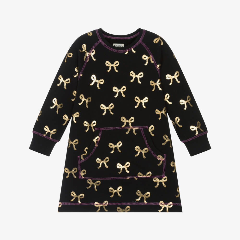 Hatley-Girls Black & Gold Bows Cotton Sweatshirt Dress | Childrensalon