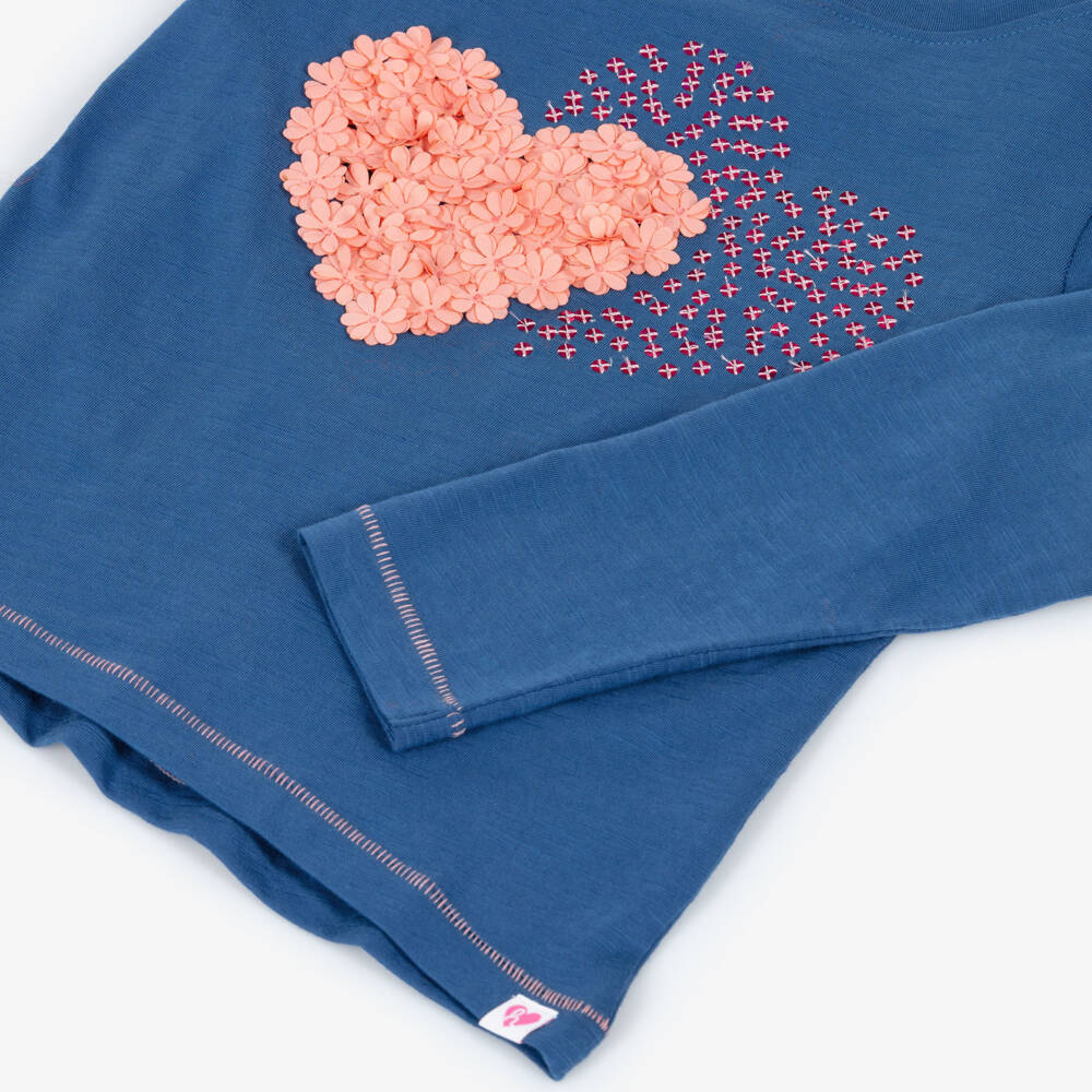 Hatley-Girls Blue Cotton Long Sleeve Top with Pink Hearts | Childrensalon