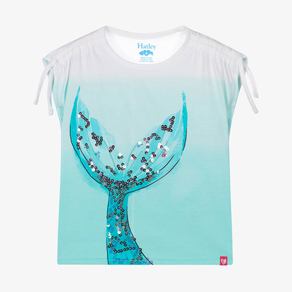 Hatley-Girls Blue Cotton Sequin Mermaid Tail T-Shirt | Childrensalon
