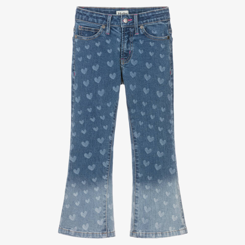 Hatley-Girls Blue Flared Denim Jeans with Heart Pattern | Childrensalon