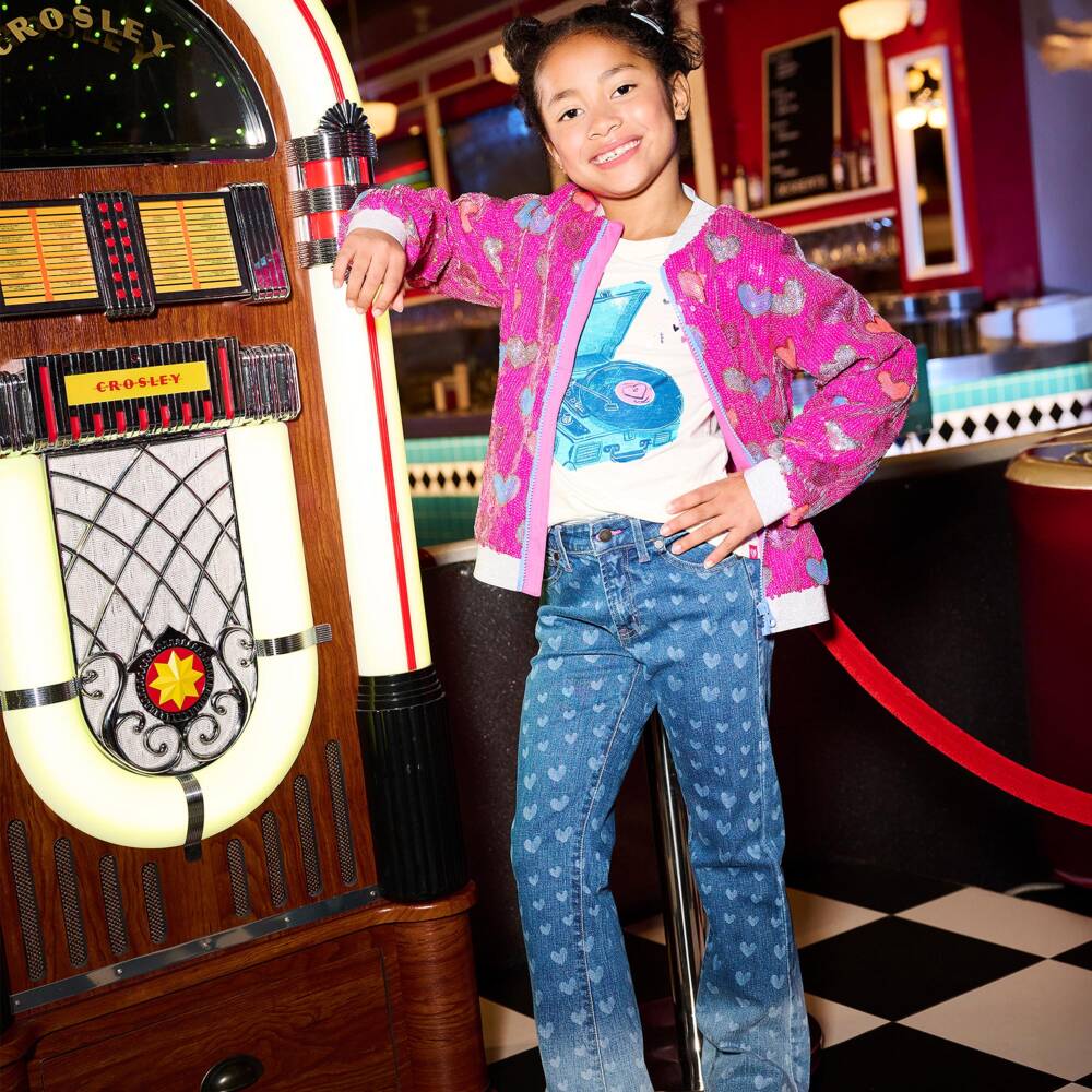 Hatley-Girls Blue Flared Denim Jeans with Heart Pattern | Childrensalon