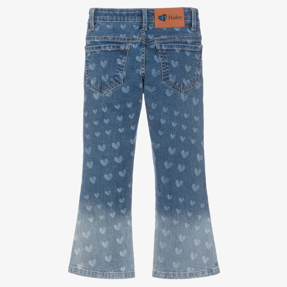 Hatley-Girls Blue Flared Denim Jeans with Heart Pattern | Childrensalon
