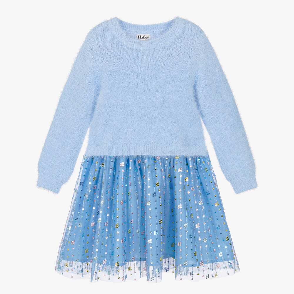 Hatley-Girls Blue Fluffy Knit & Sequinned Tulle Dress | Childrensalon