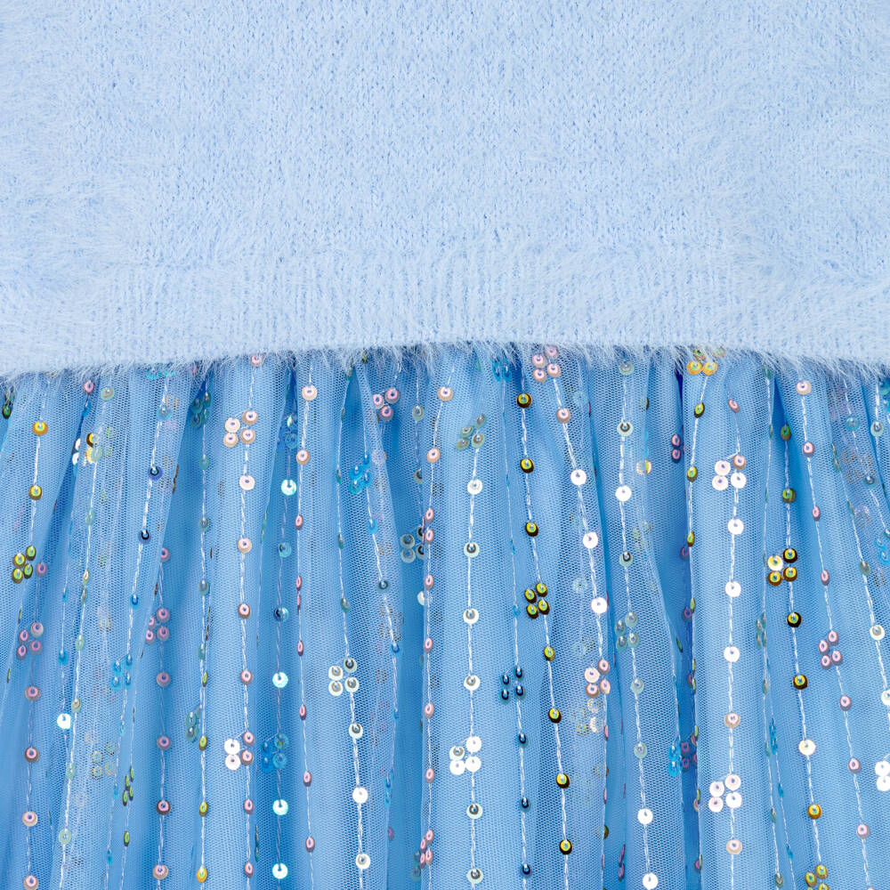 Hatley-Girls Blue Fluffy Knit & Sequinned Tulle Dress | Childrensalon