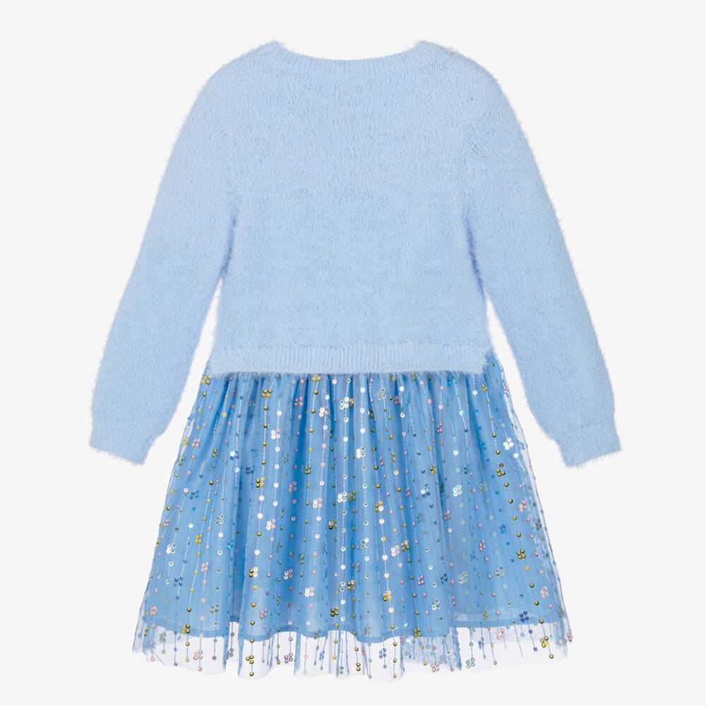 Hatley-Girls Blue Fluffy Knit & Sequinned Tulle Dress | Childrensalon
