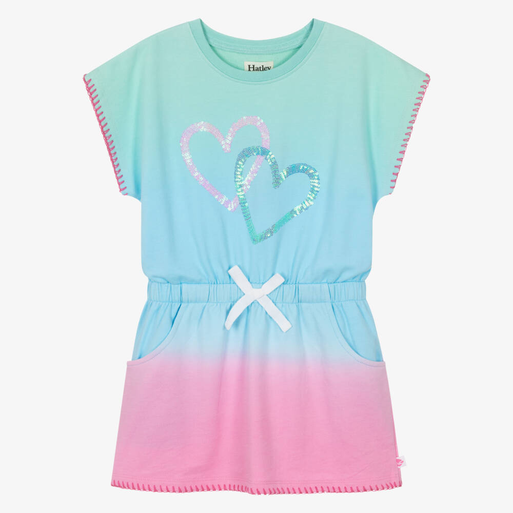 Hatley-Girls Blue Ombré Dress with Sequinned Hearts | Childrensalon