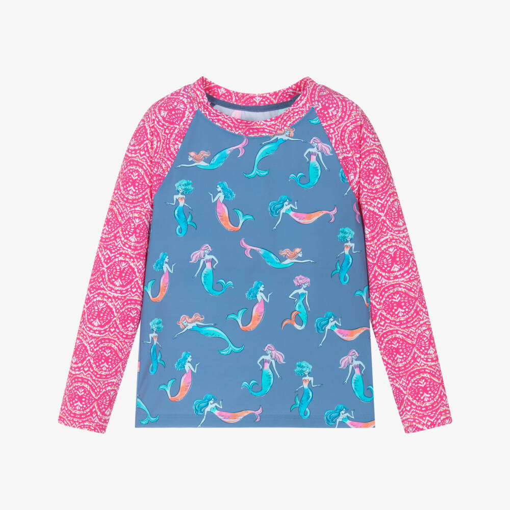Hatley-Girls Blue & Pink Mermaids Rashguard Swim Top (UPF50+) | Childrensalon