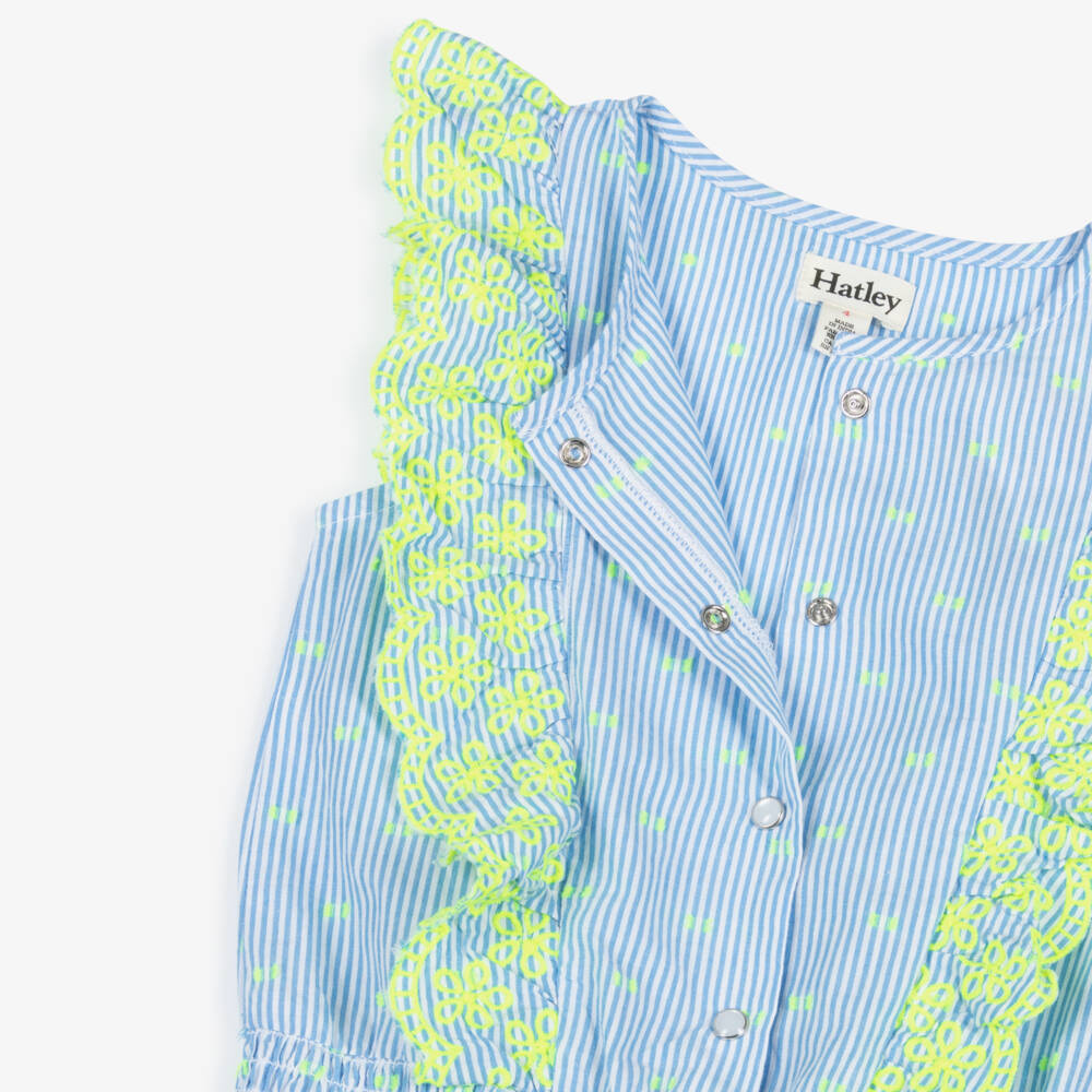 Hatley-Girls Blue Stripe Cotton Dress with Neon Yellow Embroidery | Childrensalon