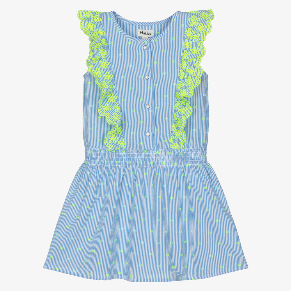 Hatley-Girls Blue Stripe Cotton Ruffle Dress with Neon Yellow Embroidery | Childrensalon