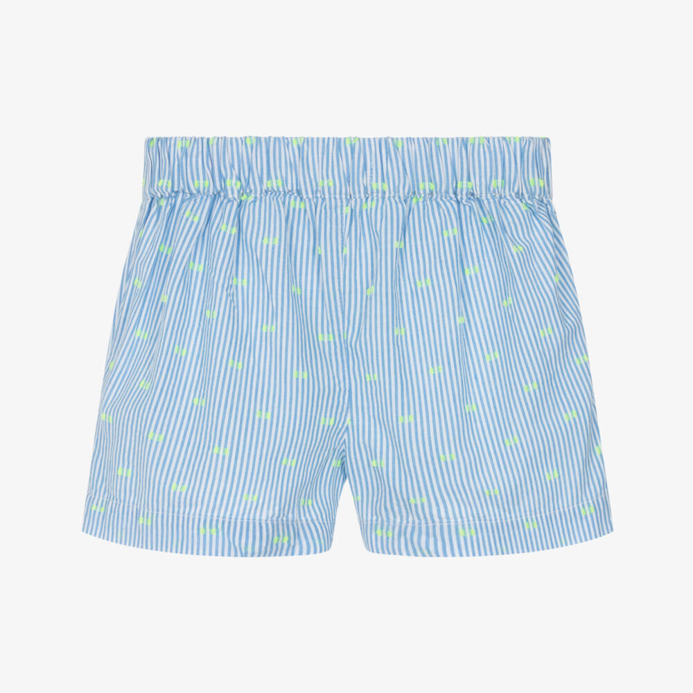 Hatley-Girls Blue Stripe Cotton Shorts with Neon Yellow Plumetis | Childrensalon