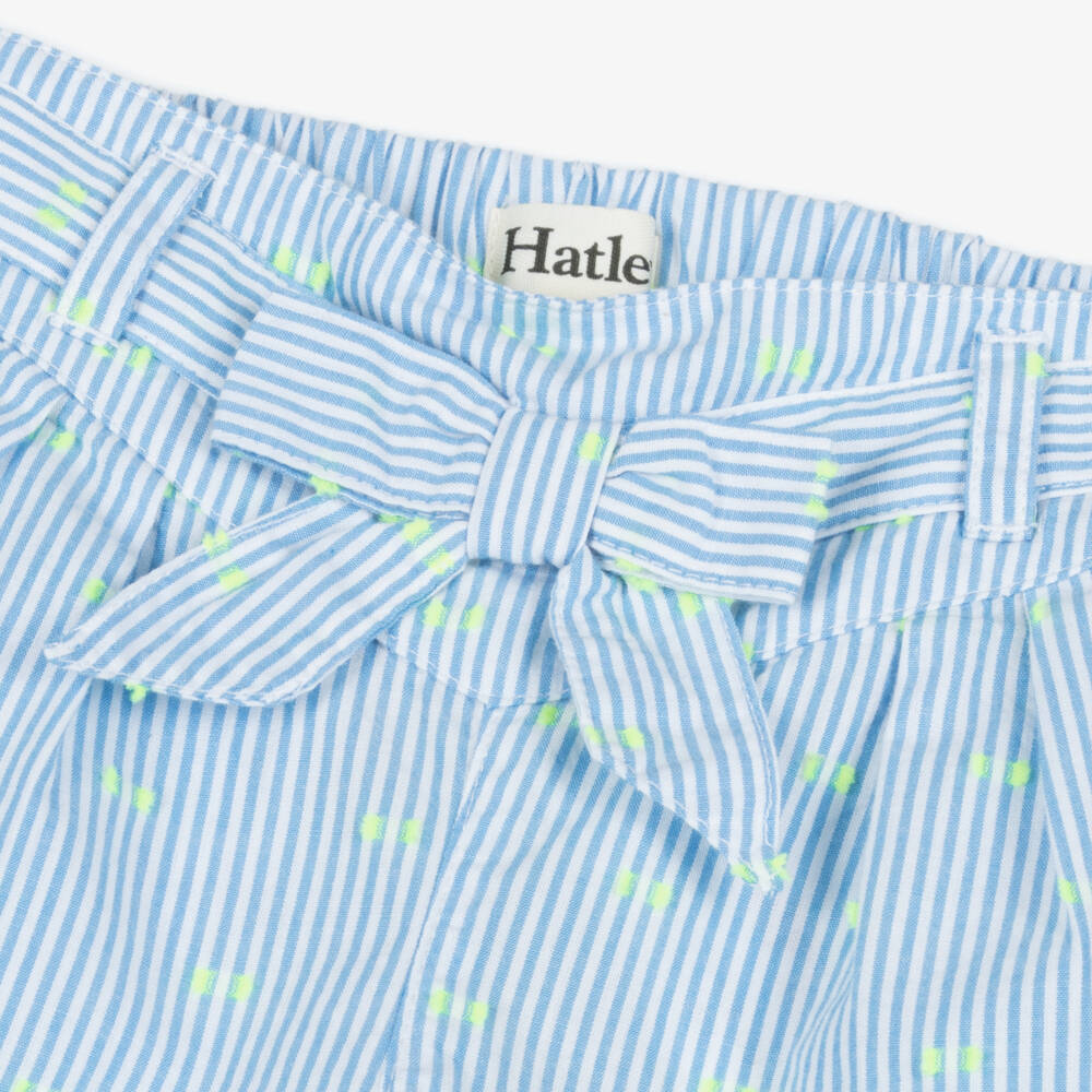 Hatley-Girls Blue Stripe Cotton Shorts with Neon Yellow Plumetis | Childrensalon
