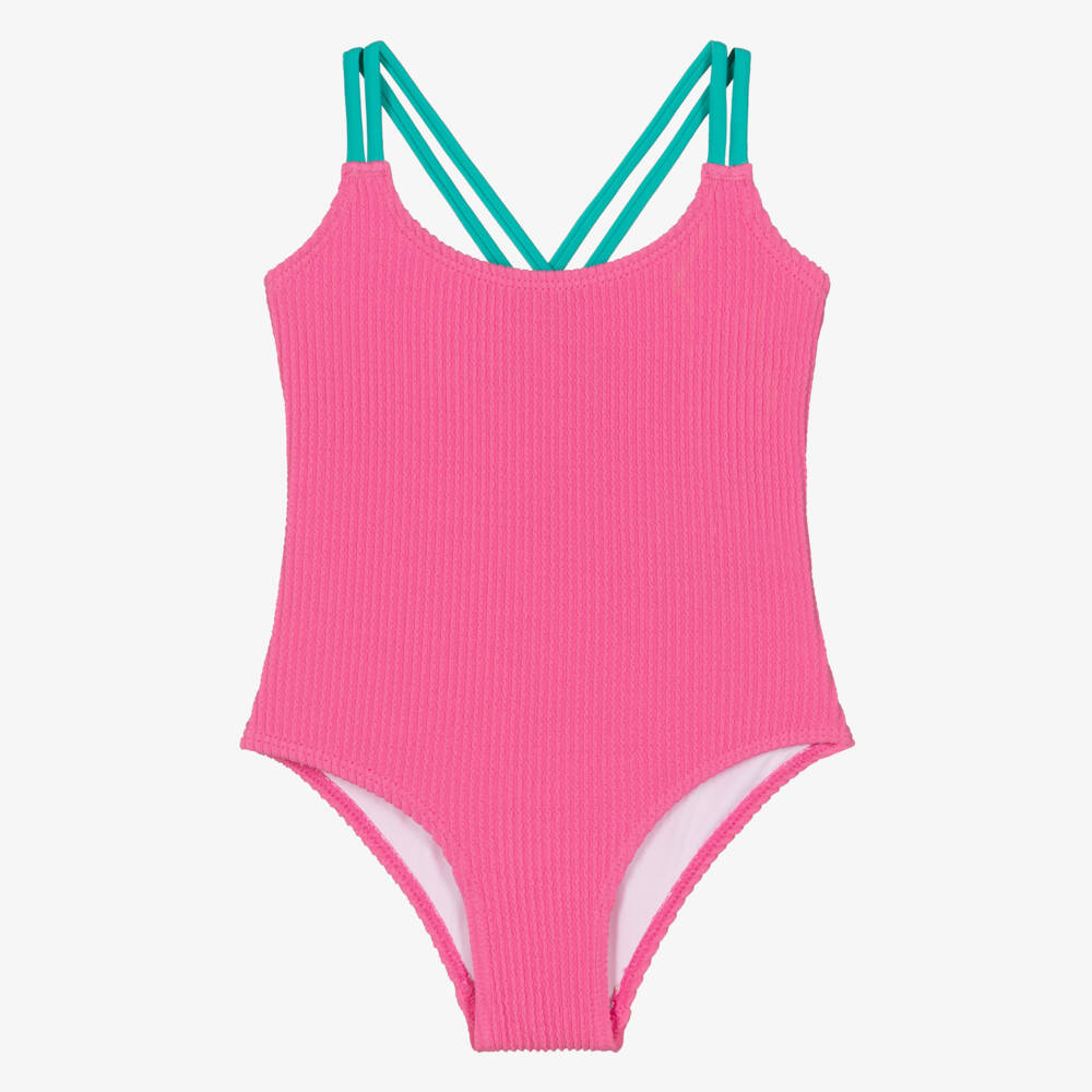 Hatley-Girls Bright Pink Crinkle Swimsuit with Green Straps (UPF50+) | Childrensalon