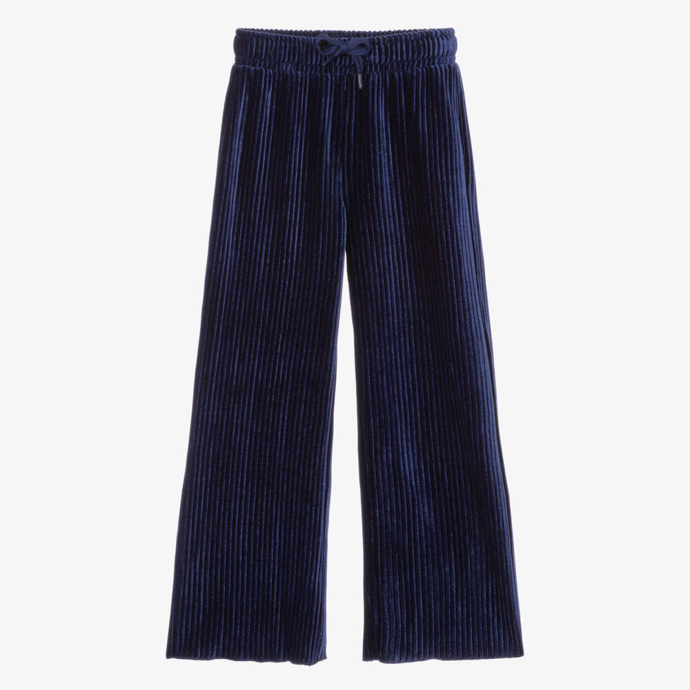 Hatley-Girls Dark Blue Ribbed Velour Wide-Leg Trousers | Childrensalon