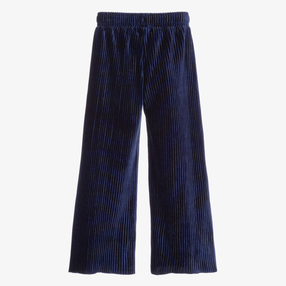 Hatley-Girls Dark Blue Ribbed Velour Wide-Leg Trousers | Childrensalon
