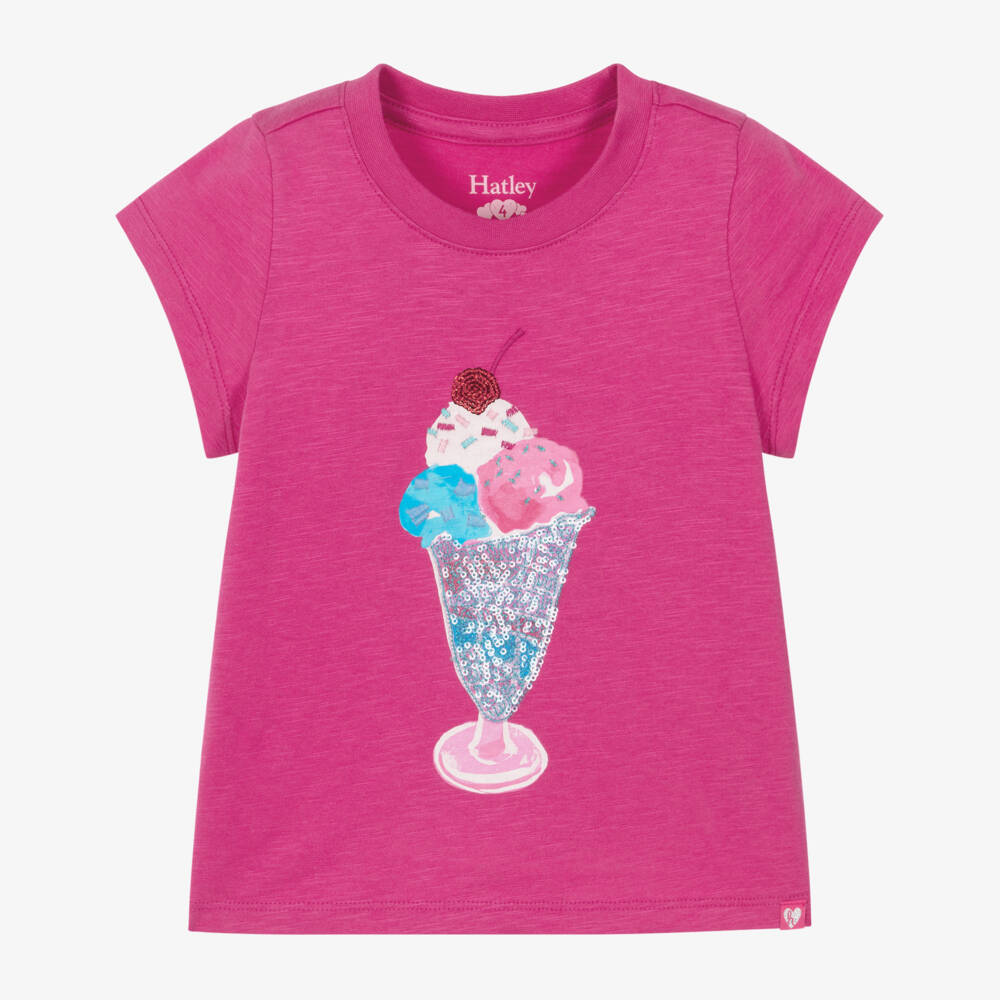 Hatley-Girls Fuchsia Pink Cotton T-Shirt with Sequin Ice Cream Sundae | Childrensalon