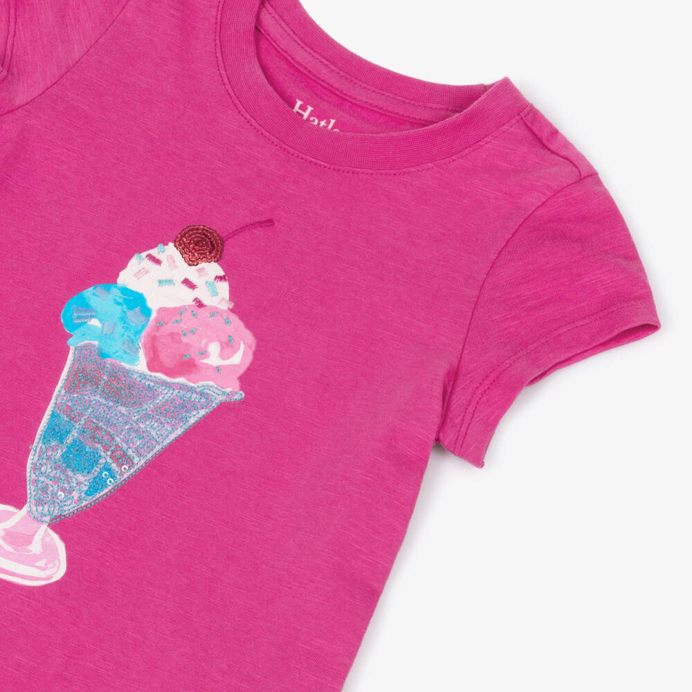 Hatley-Girls Fuchsia Pink Cotton T-Shirt with Sequin Ice Cream Sundae | Childrensalon