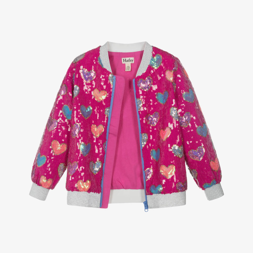 Hatley-Бомбер-куртка розовая с пайетками и сердечками для девочек | Childrensalon