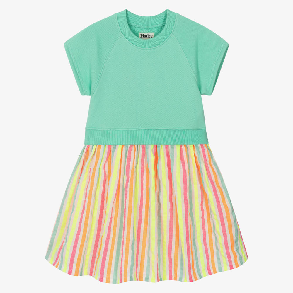Hatley-Girls Green & Multicoloured Stripe Cotton Dress | Childrensalon