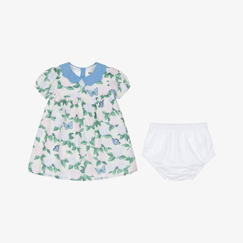 Hatley-Girls Ivory Cotton Dress with Blue & Pink Hydrangea Print | Childrensalon